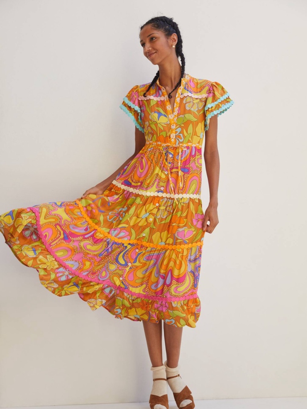 CeliaB Tiered Floral Midi Dress Orange Pink Colorful Size Small Like New